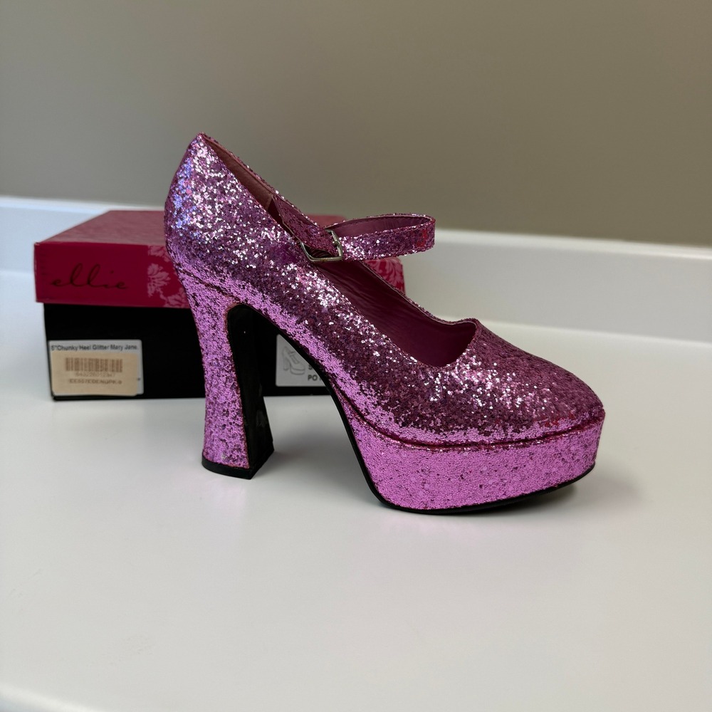 Ellie Shoes Pink Glitter Mary Jane Platform Chunky Heel 557-Eden-G Womens Size 9